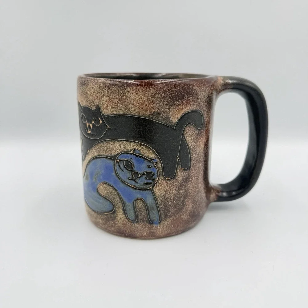 Mara Stoneware Pottery Mexico Cats Large Coffee Mug Cup Blue Signed 16oz - 4.5